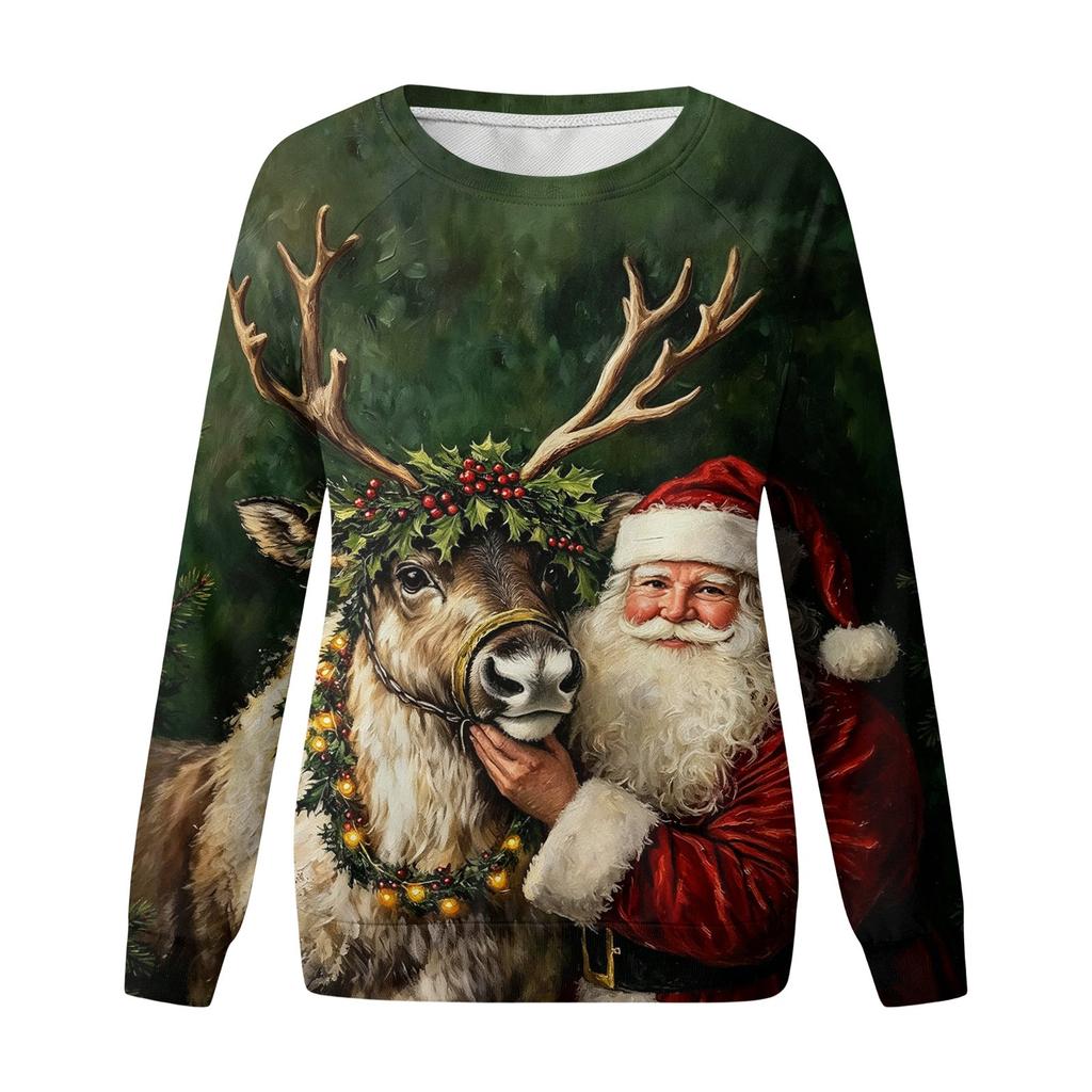 Women's Casual Christmas Print Neck Raglan Long Sleeve Pullover Sweatshirt