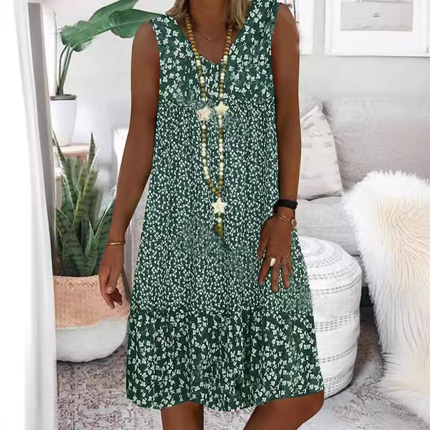 Summer new European and American women's clothing, hot-selling V-neck small floral printing sleeveless women's dress