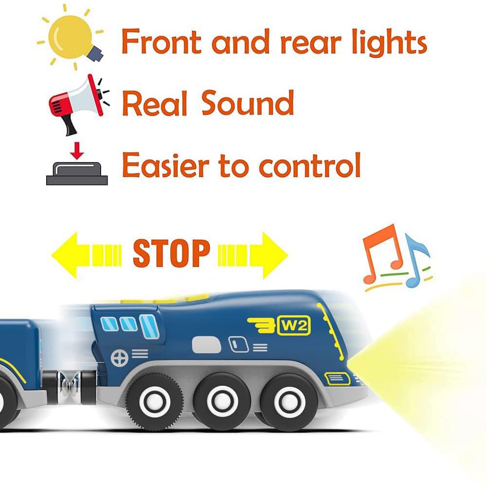 TOPLIVING Wooden Train Track Accessories Battery-Operated Locomotive with Magnetic Connection Compatible with Thomas, Brio, and Chuggington