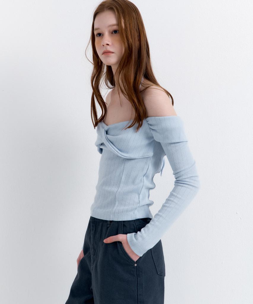 RAVEROUS Shirred Off-Shoulder T-Shirt Sky Blue