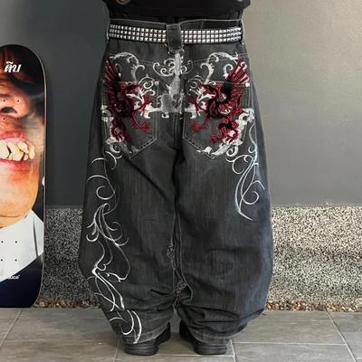 Hip Hop Retro Street Ležérní Y2k Harajuku Módní Trend Vzor výšivky Džínové kalhoty Rovné široké nohavice