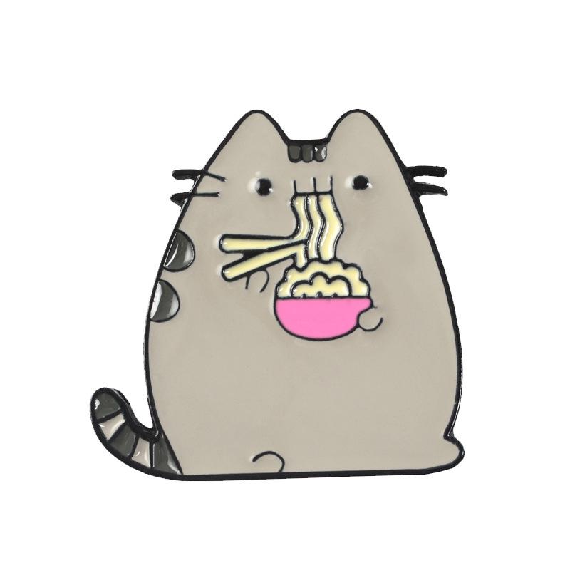 Creative Cartoon Fat Cat Eating Noodles Brooch - Funny Animal Badge in Various Poses