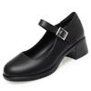 One-word Buckle Single Shoes Women's Round Head Thick Heel Soft Leather Soft Surface Soft Sole Women's Shoes with  Catwalk Women's Leather Shoes