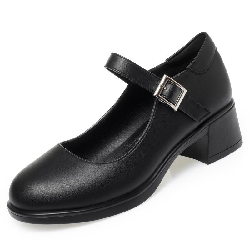 One-word Buckle Single Shoes Women's Round Head Thick Heel Soft Leather Soft Surface Soft Sole Women's Shoes with  Catwalk Women's Leather Shoes
