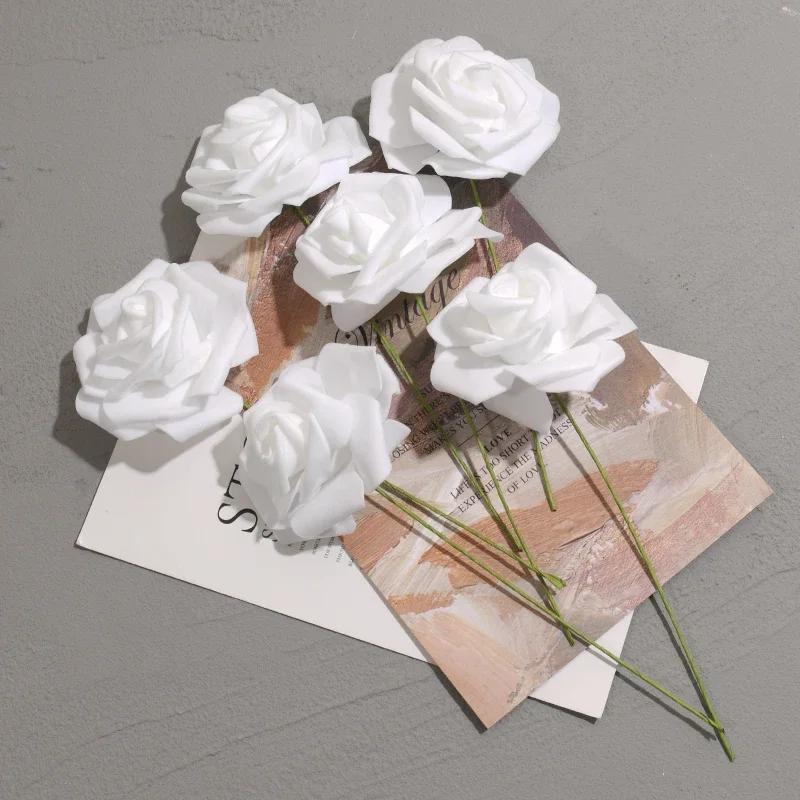 50pcs/package White PE Rose Artificial Flower Head with Stem DIY Bouquet Wedding Party Home Decoration Scrapbook Supplies