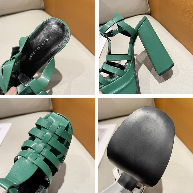 Fashion Women Heeled Sandals Platform Chunky Heels Hollow Out Buckle Strap High Heels Pumps Leather Comfort Women Shoes Summer