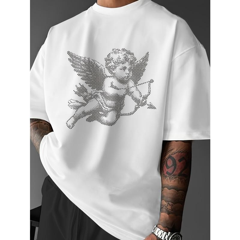 T-shirt Girocollo Stampa Angioletto Cupido Taglia Europea, T-shirt Larga Comoda, Abbigliamento da Esterno, T-shirt Girocollo Giovanile Streetwear