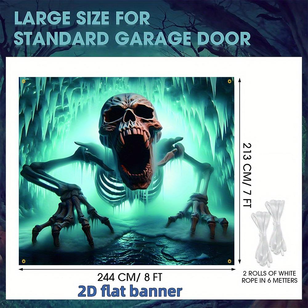 2D Flat Banner 1PC Happy Halloween, a Skull with an Open Mouth and a Skeleton with Outstretched Hands, Halloween Party Supplies