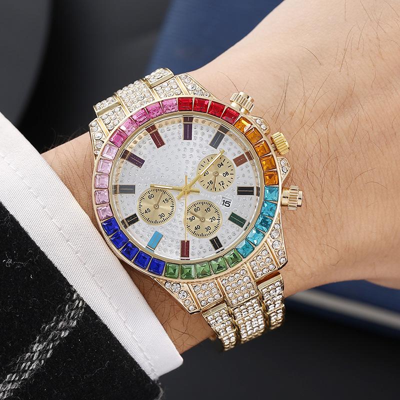 UTHAI BK114 Modische Herrenuhr, farbiger Diamant-Kalender, eingelegte Diamant-Quarzuhr, Luxus-Uhr Geschenkuhren für den Mann