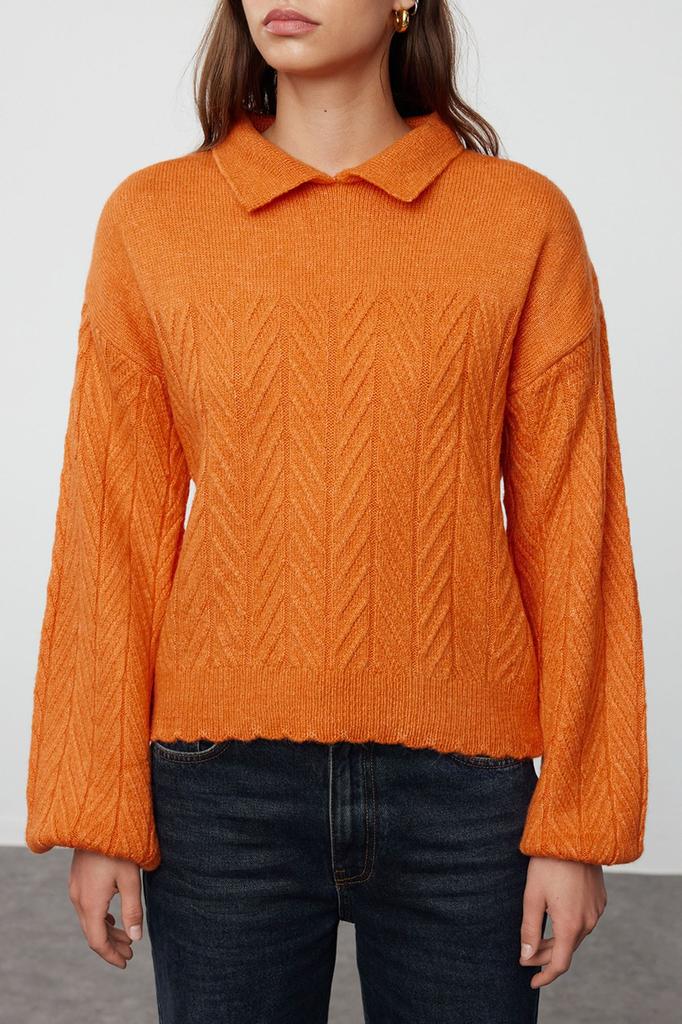 Women's Fashionable Stylish Sweater Orange Wide Fit Soft Textured Hair Braided Knitwear Sweater