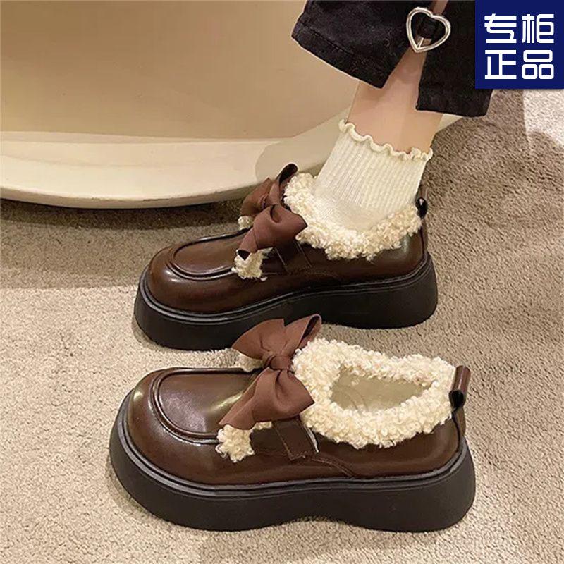 Lazy winter thick-soled muffin bow velvet small leather shoes women's autumn and winter warm and comfortable cotton