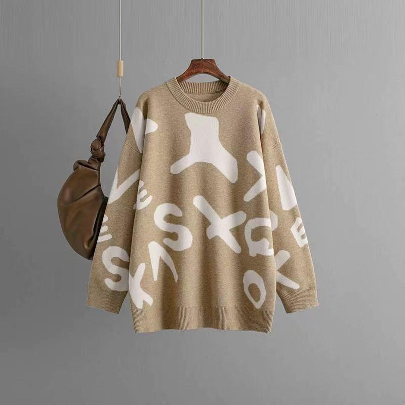 

New Russian Sweater Mid-Length Jacquard Over fit knit Knited Jacquard Sweater Khaki One size