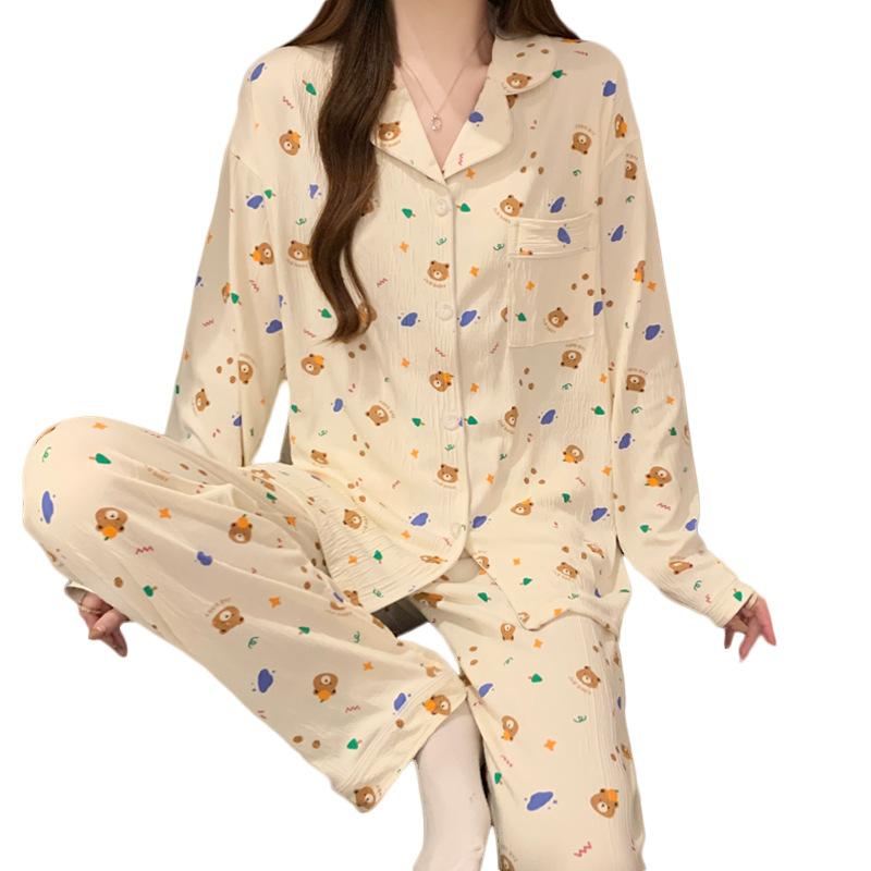 Butter Bear Pajamas Women'S Spring And Autumn Long-Sleeved Trousers Cute Print Student Dormitory Simple Suit Loungewear