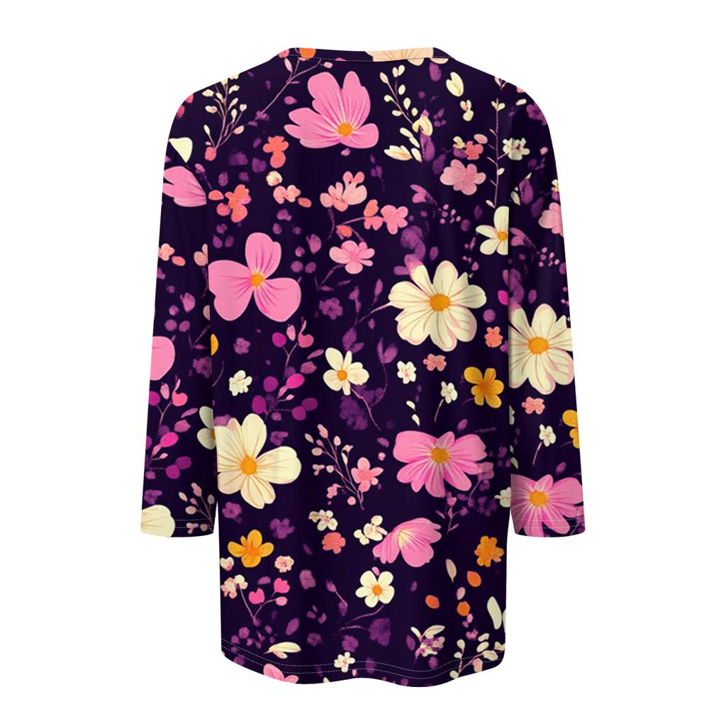 Modisches und lässiges Pullover-Oberteil mit sieben Viertelärmeln und Blumendruck für Damen