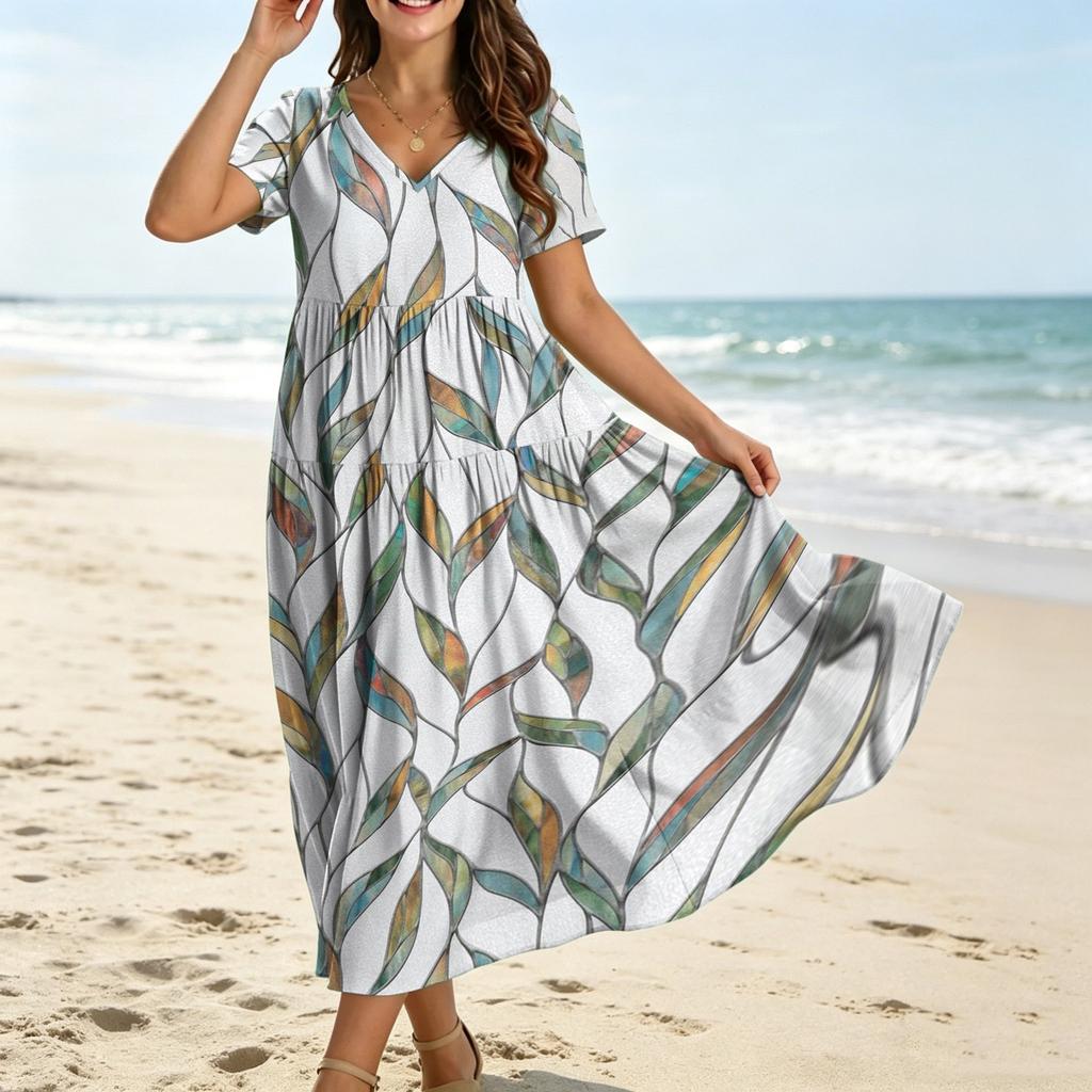 Women Casual Loose Bohemian Floral Dress Short Sleeve Long Maxi Summer Beach Swing Dress