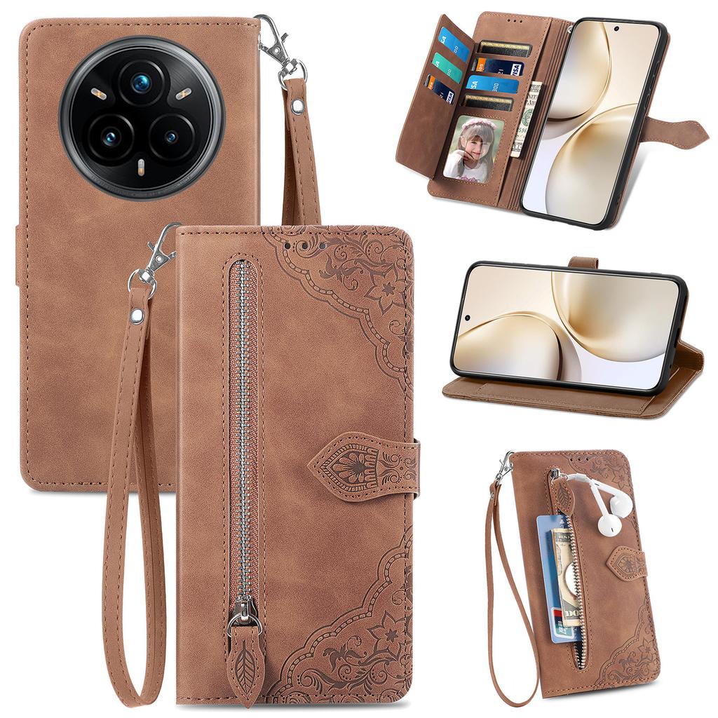 For Realme 14 Pro 5G Zipper Wallet Case with Strap Flower Imprint PU Leather Phone Cover