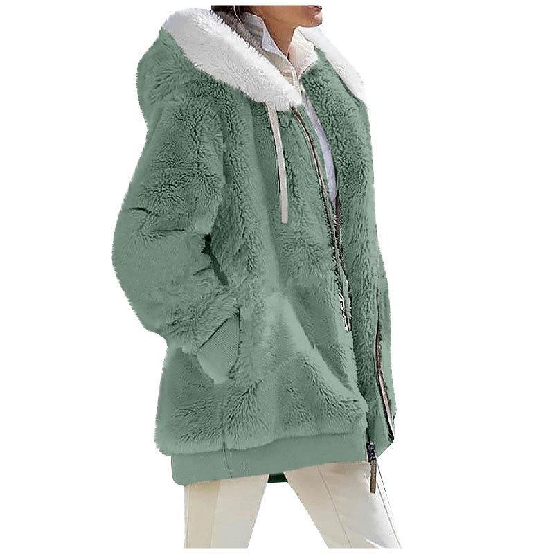European and American Autumn and Winter Loose Plush Long Sleeve Zipper Pocket Hooded Warm Coat Women
