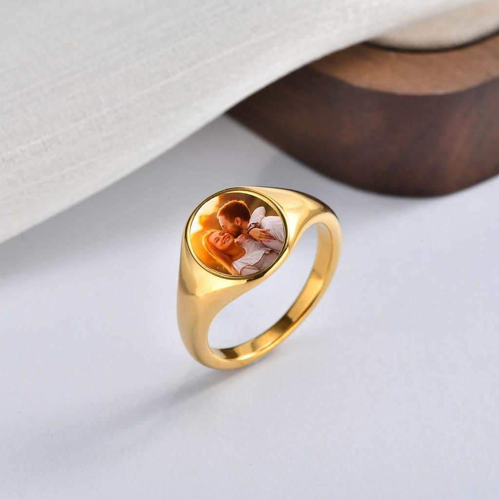 Custom Photo Signet Ring for Woman Stainless Steel Logo Symbol Image Family Photo Round Heart Rings Personalized Jewelry Gift