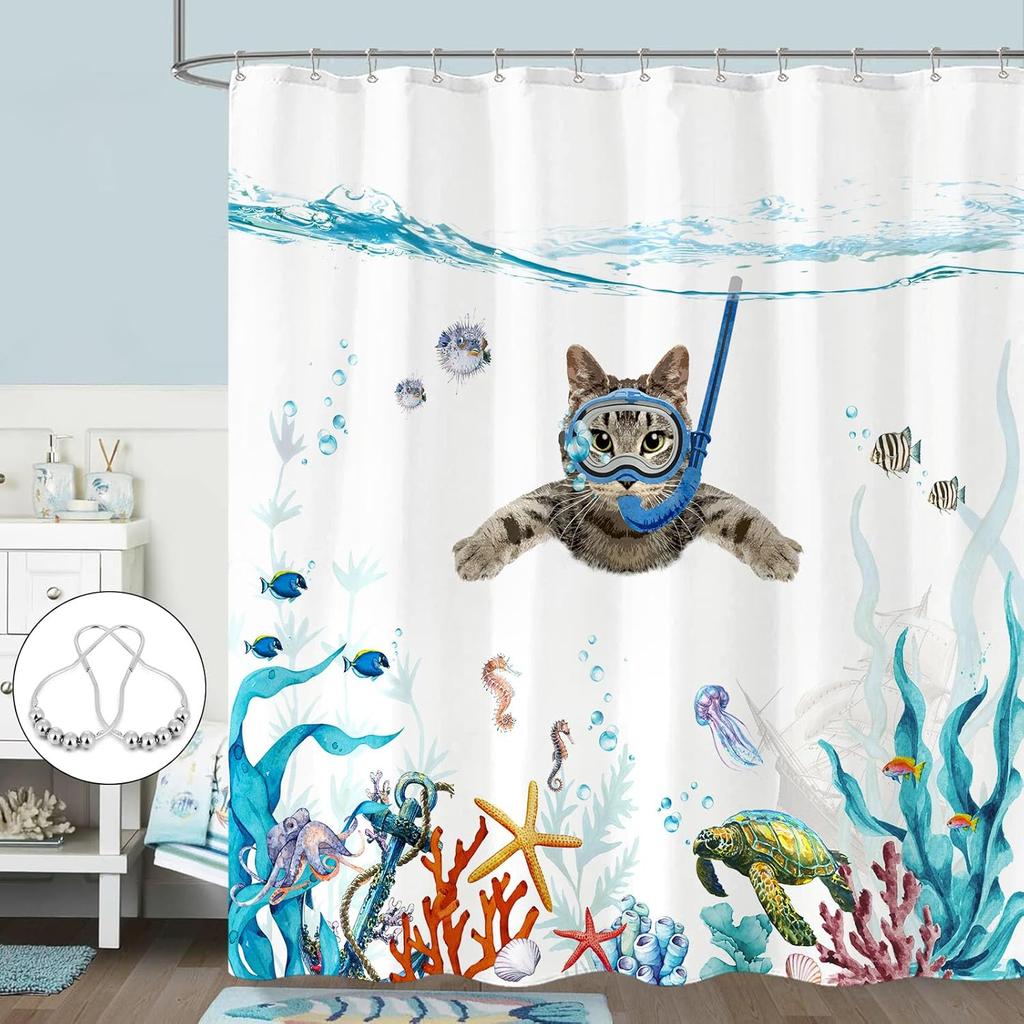 Galactic Cat Astronaut Waterproof Shower Curtain - Space Adventure with Dinosaur Ride for a Fun and Quirky Bathroom Decor