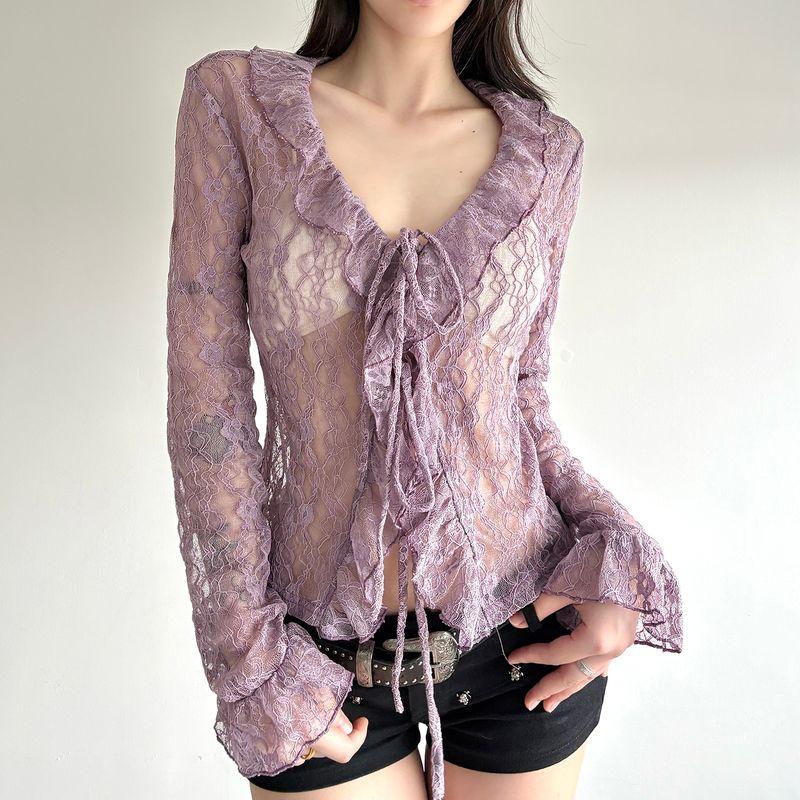 

H s European and American Women s Clothing Gentle Charm Texture Lace Ruffled Tied Cardigan Perspective Light Purple Blouse for Women Purple L