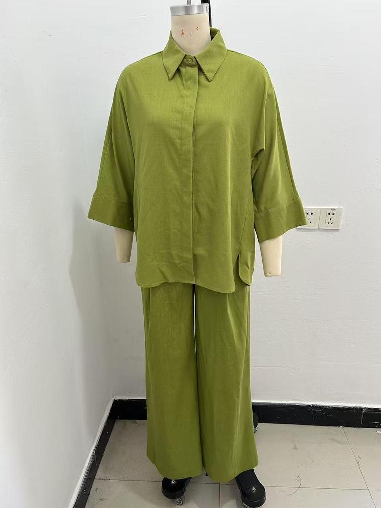 Damski zestaw lniany w stylu europejskim i amerykańskim: koszula z szerokimi rękawami i spodnie z prostymi nogawkami na gumce