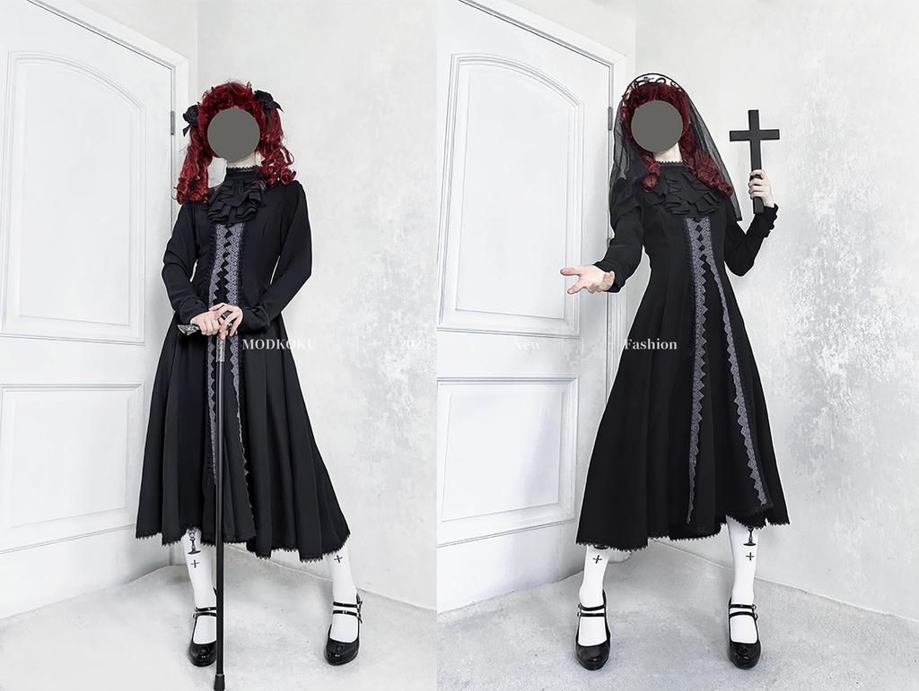 MODKOKU Gothic Lolita Dress with Ribbon and Lace Gothic Lolita Girly Long XL Cape-Style Dress, Women's Waistband, Ruffles, Long, Dress, Dreamy, Cute,