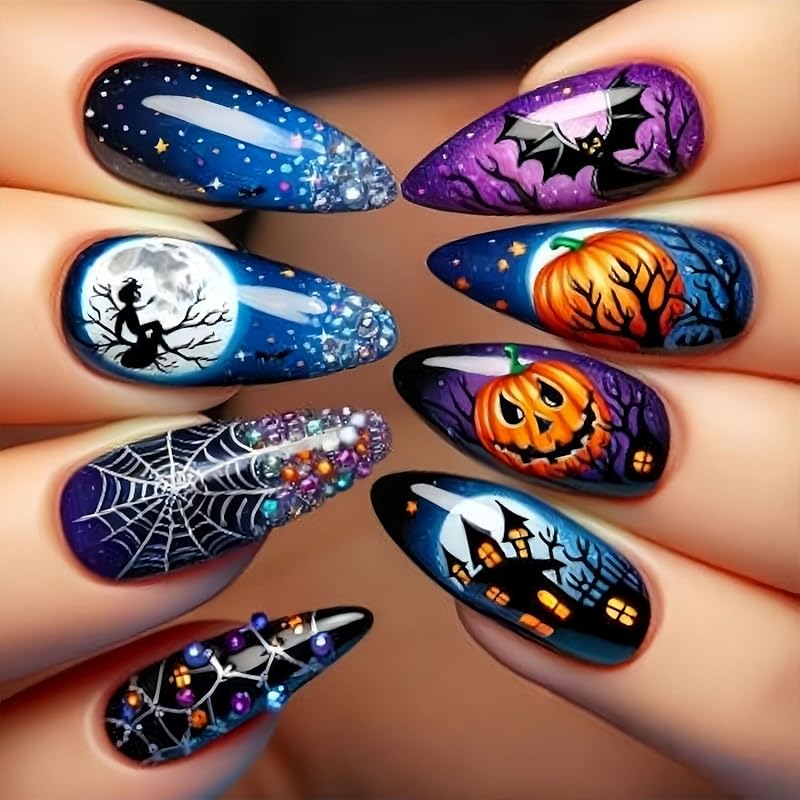 Halloween Press On Nails Medium Almond Fake Nails with Designs Bat Purple French Tip Glossy Glue On Nail 24 Pcs Natural Reusable Acrylic Nail for