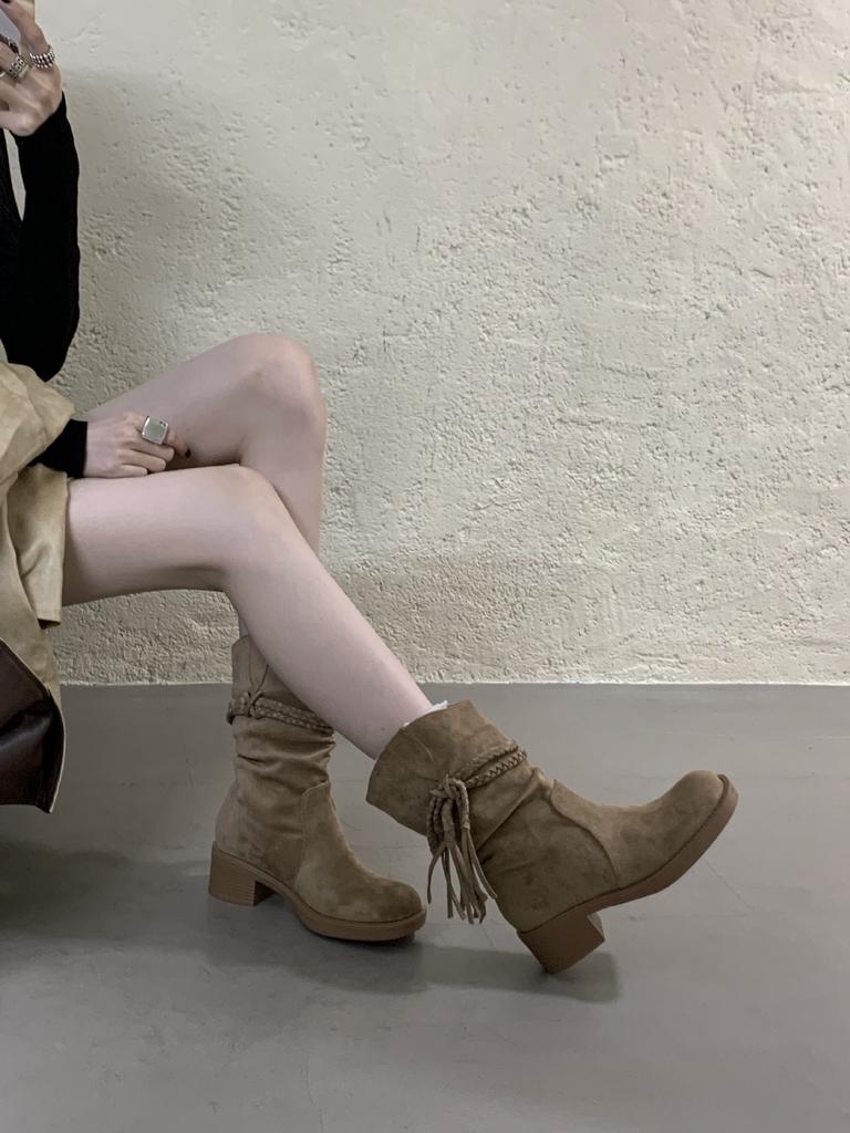 Grape mother of the same style, height increased by 5cm~ wasteland wind fringed braided belt thick heel pile medium and high boots women's Egyptian 