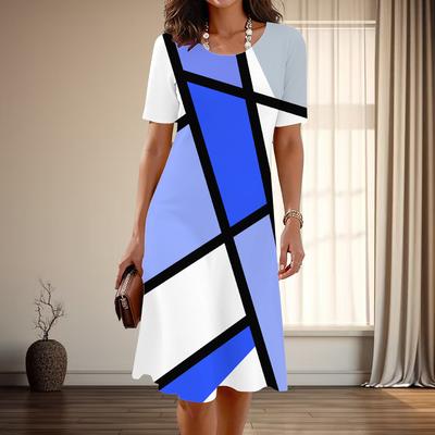 Rochii de seară pentru femei, modele geometrice elegante, imprimate, de vară și primăvară, cu mânecă scurtă, cu guler îngust, casual