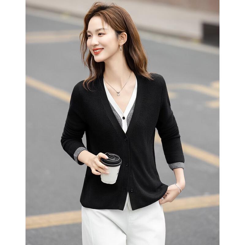Women's Merino Wool Silk Blend Faux Two-Piece Knit Cardigan