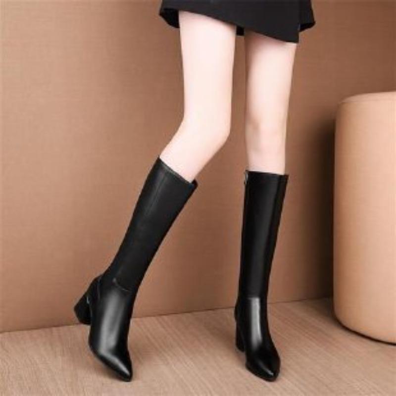 Soft Leather Shoes, High Boots, Mid-heeled, Pointed, Thick-heeled Mid-heeled Boots, Women's Shoes