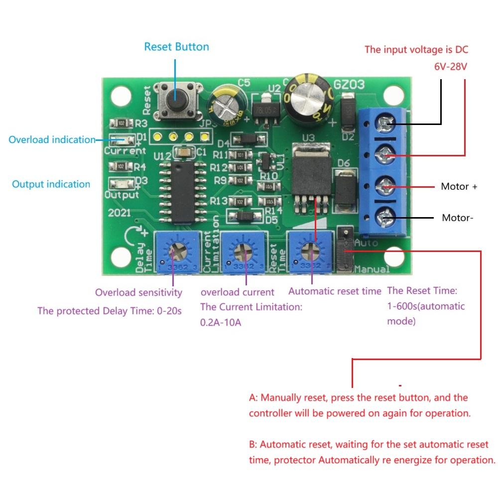6-24V 10A DC Motor Overcurrent Protection Board Locked-rotor Overload Protector Module Adjustable Current Limit Switch Fuel Injectors 6