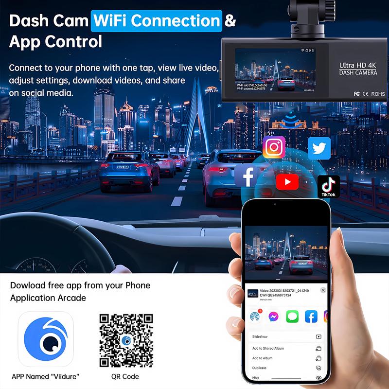 4K WIFI Dash Cam GPS 2160P Car DVR Front And 2.5K Rear Dual Lens Auto Car Camera With WDR Night Vision Black Box 24H Parking