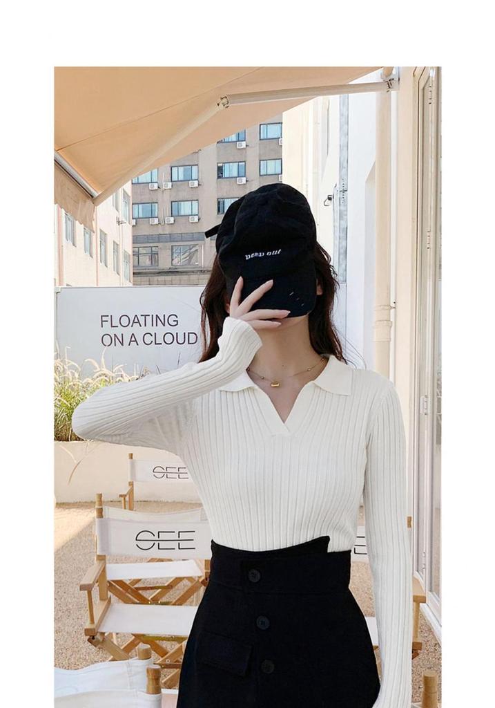 Solid Color V-Neck Long Sleeve Knit Sweater Top for Women, Spring 2025 Slim Fit