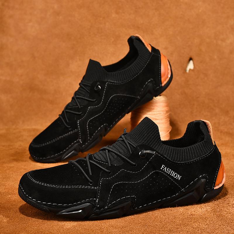 Herrenschuhe Lässige Leder Wildleder Sneaker Mann Outdoor Freizeitspaziergang Flats Männlich Bequem Atmungsaktiv Socken Schuhe Mode Slipper
