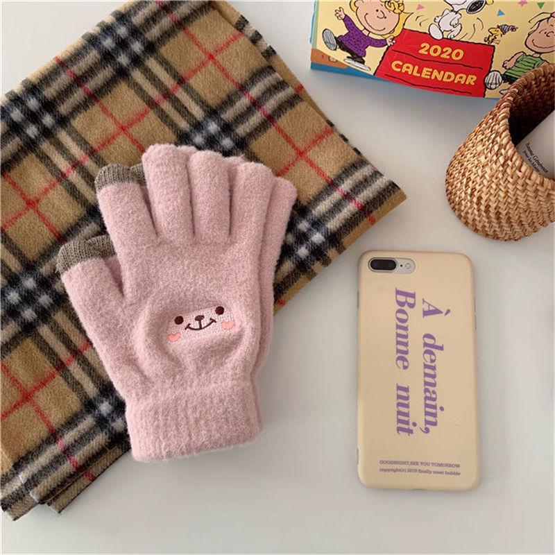 

Gloves girls winter warm plush thickened plush cute student party high value cold resistant five fingers smile One Size рожевий