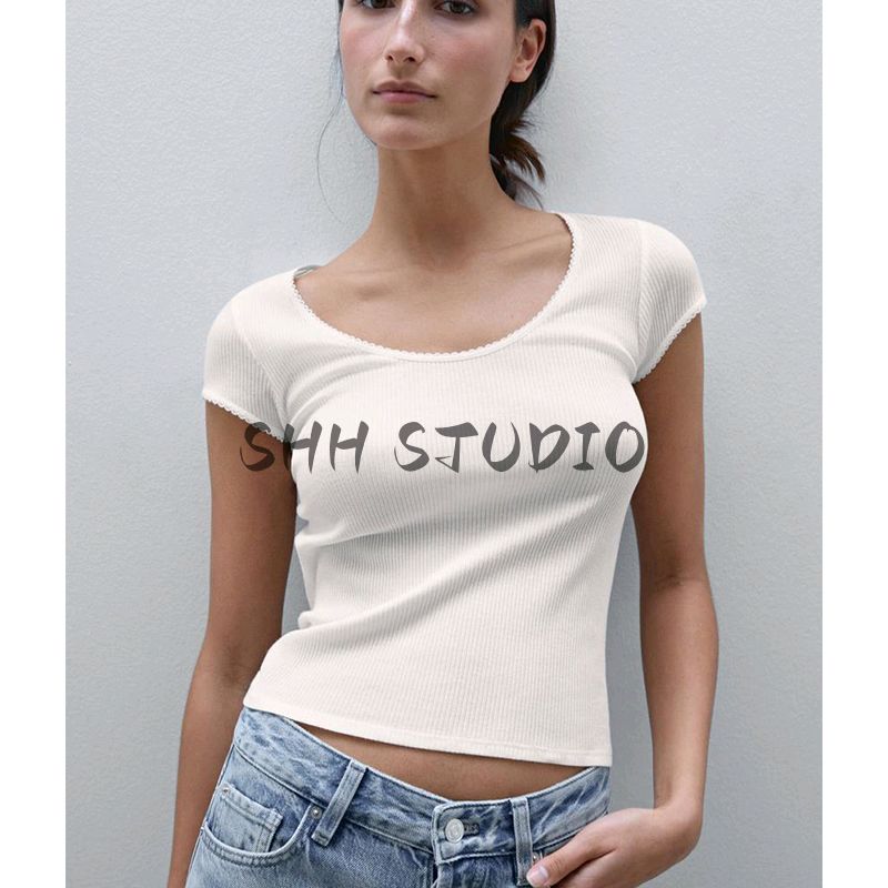 MD Spring/Summer New Arrival Women's Clothing American Casual Minimalist Easiest for Match Lace Trim round Neck Short Sleeve T-shirt Top 6844576