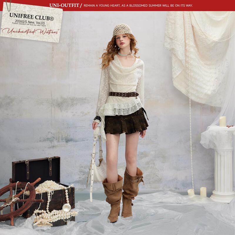 UNIFREE Slim-Fit Cowl Neck Ruffle Tee with Belt