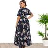 Women Plus Size Print Shourt Sleeve Fashion V-Neck Knee Length Dress