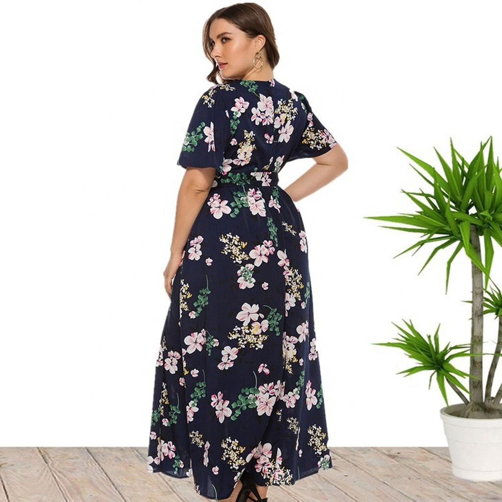 Women Plus Size Print Shourt Sleeve Fashion V-Neck Knee Length Dress
