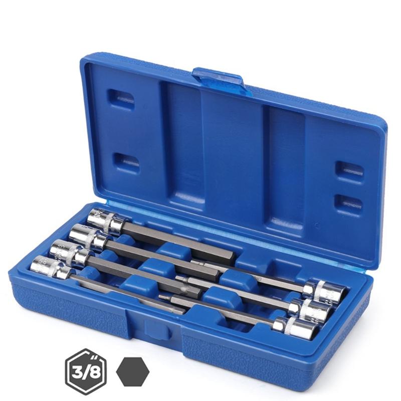 3/8” Drive Extra Long Torx/Allen Star Bit Socket Set 7-Piece for Cr-V Steel Socket Adapter Chrome Vanadium Steel 3mm