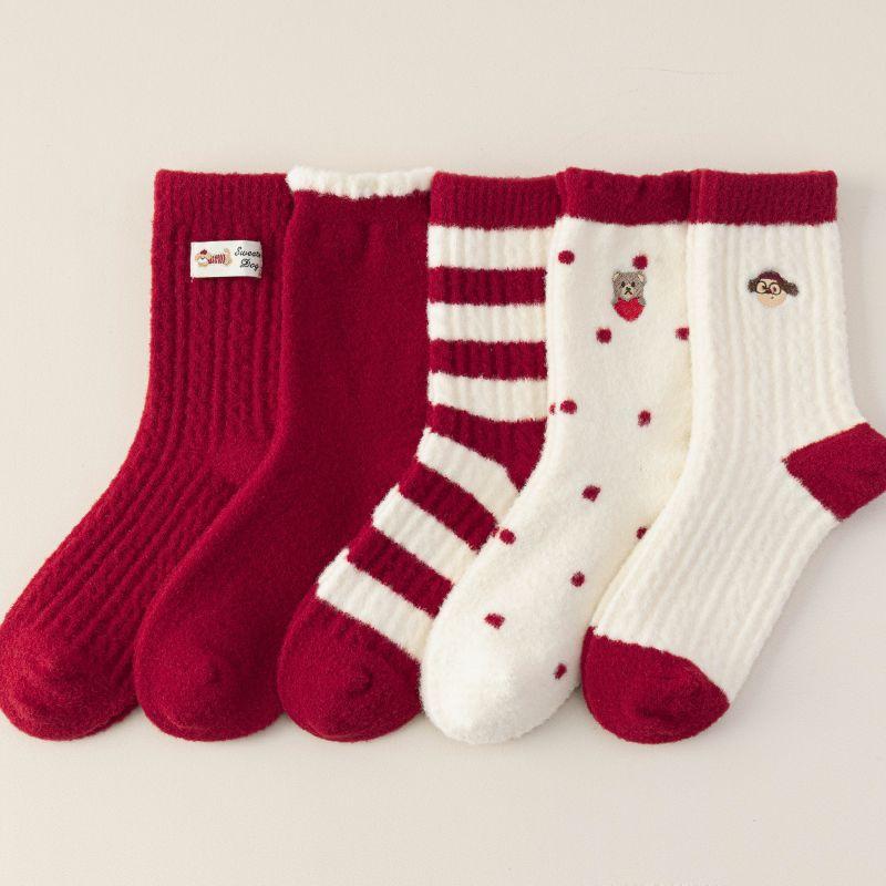 Christmas Tube Socks Bright Red Embroidered Floor Socks Winter Socks Australian Velvet Warm And Thickened