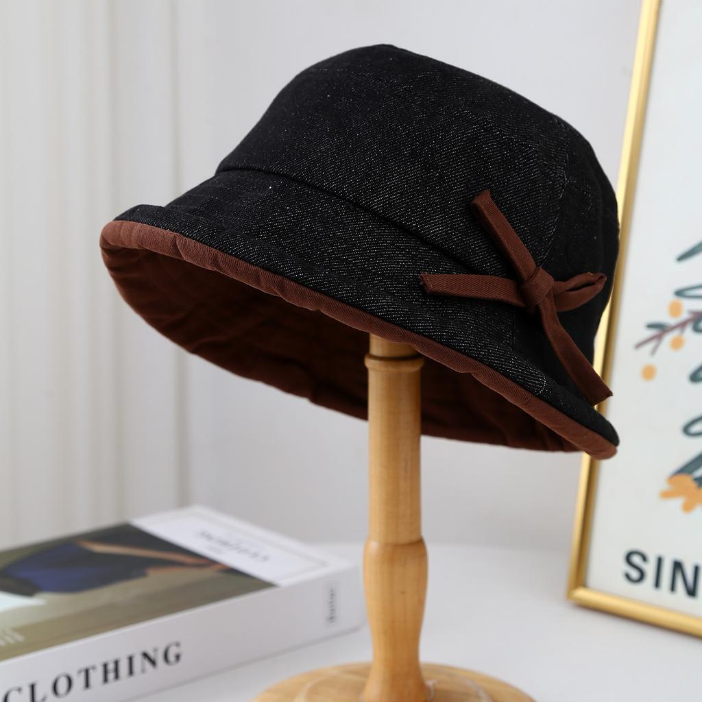Rolled Brim Bowknot Bucket Hat Women Vintage Denim Foldable Sun Hat For Spring/Autumn Winter Bucket Cap Retro Casual New