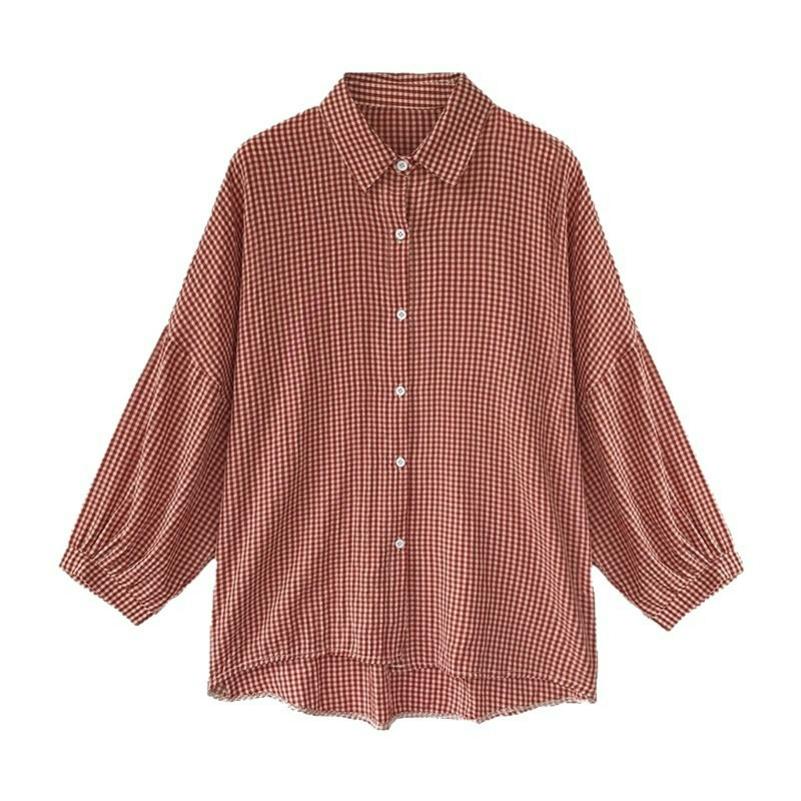 Early Autumn Women's Hong Kong Style Loose BF Lantern Sleeve Plaid Shirt Women's Long-sleeved Blouse Shirt Jacket Trend