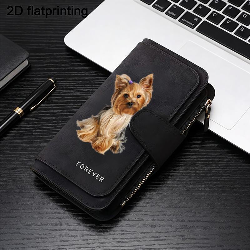 1PC Yorkshire Terrier Women's Long Wallet Tri - fold Card Holder with Multiple Slots Printed Zipper Card Wallet Cash ID Credit Card Organizer for