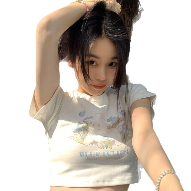 White cute rabbit print short-sleeved T-shirt women's South East Asia hot-selling navel sweet and spicy top