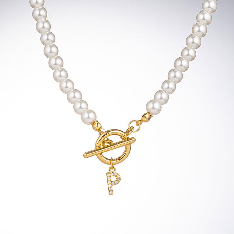 Zircon Crystal Initial A-Z Letter Pendant Necklace for Women Toggle Clasp Imitation Pearls Necklaces Wedding Jewelry Gift