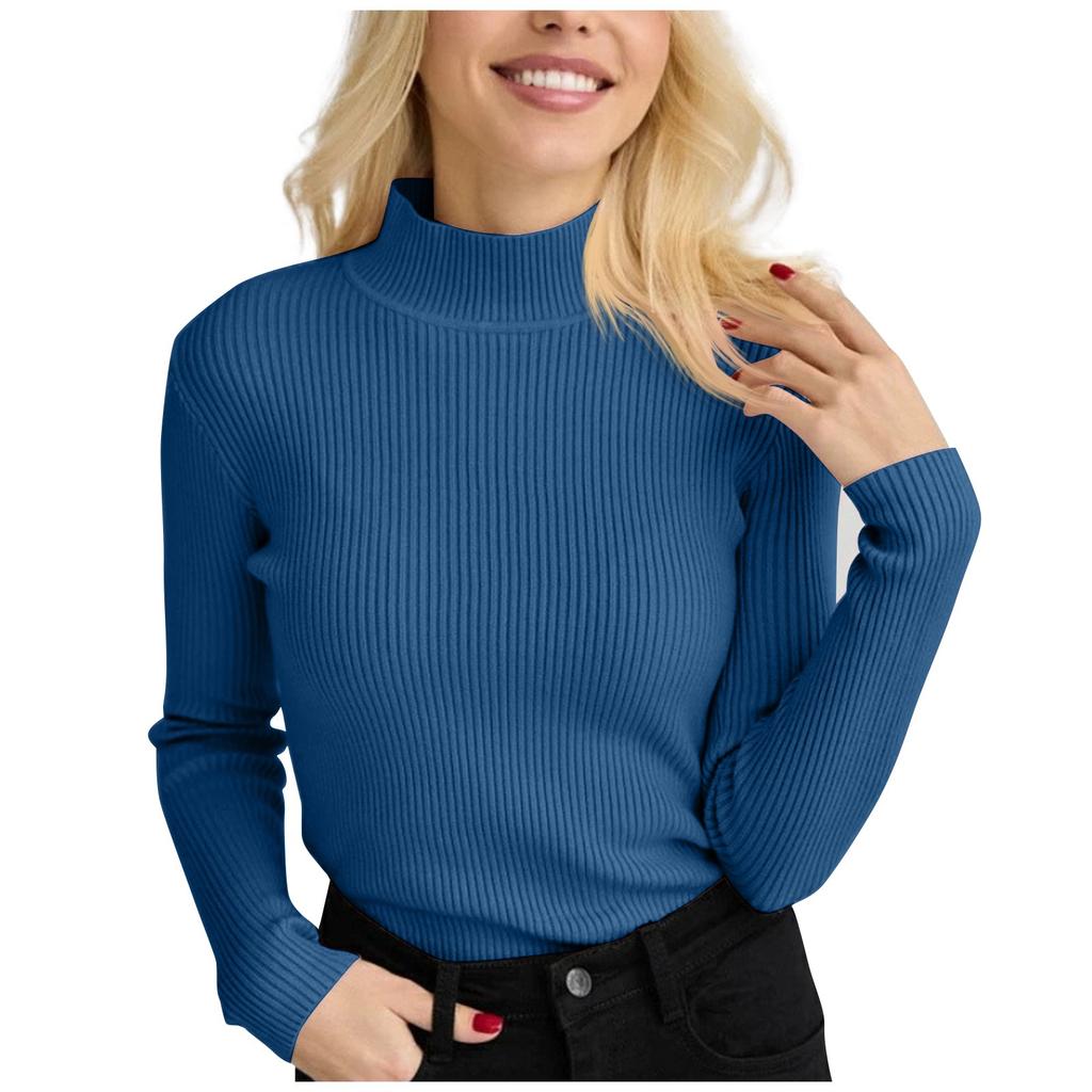 Women's Fashion Casual Half High Neck Underlay Solid Color Versatile Knitted Round Neck Pullover Sweater