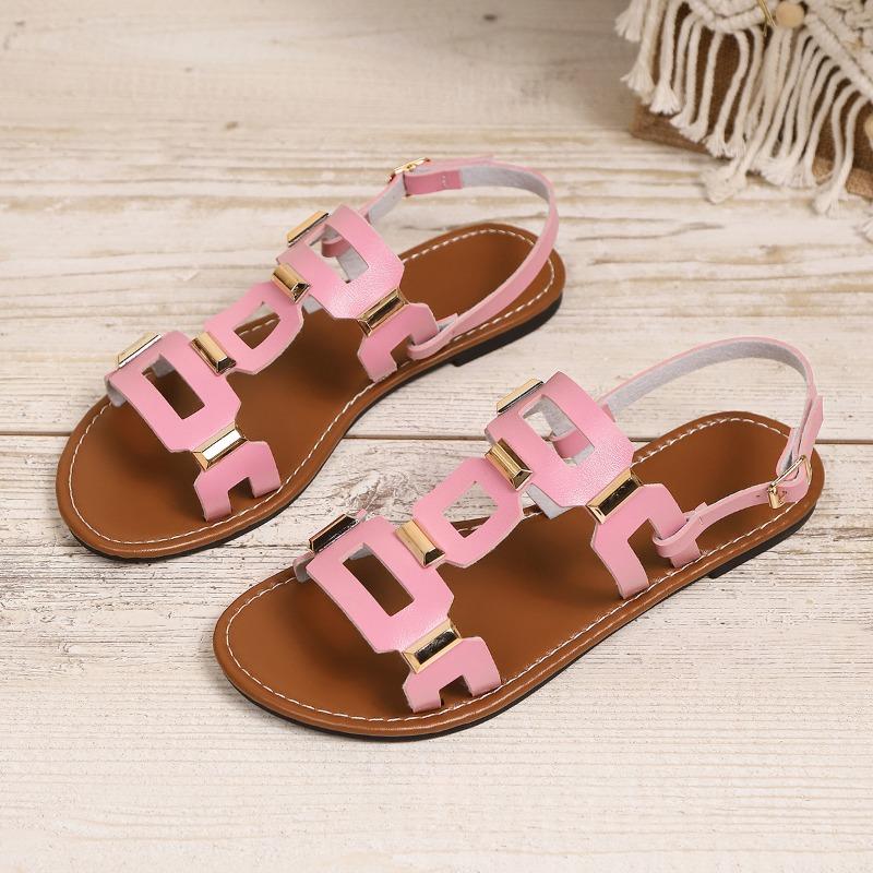 Large Size Belt Buckle Flat Bottom Hollow Sandals Women's Fashion Versatile Outer Wear Solid Color Beach Sandals Wish