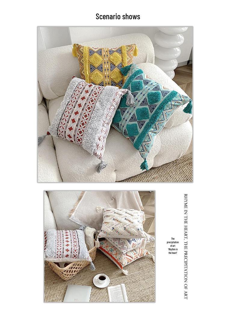 Bohemian Ethnic Flocking Linen Pillow Cover - Decorative Cushion for Sofa, Bedroom, or Bedside